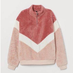 H&M Faux Shearling Half-Zip Sweatshirt - Pink - S